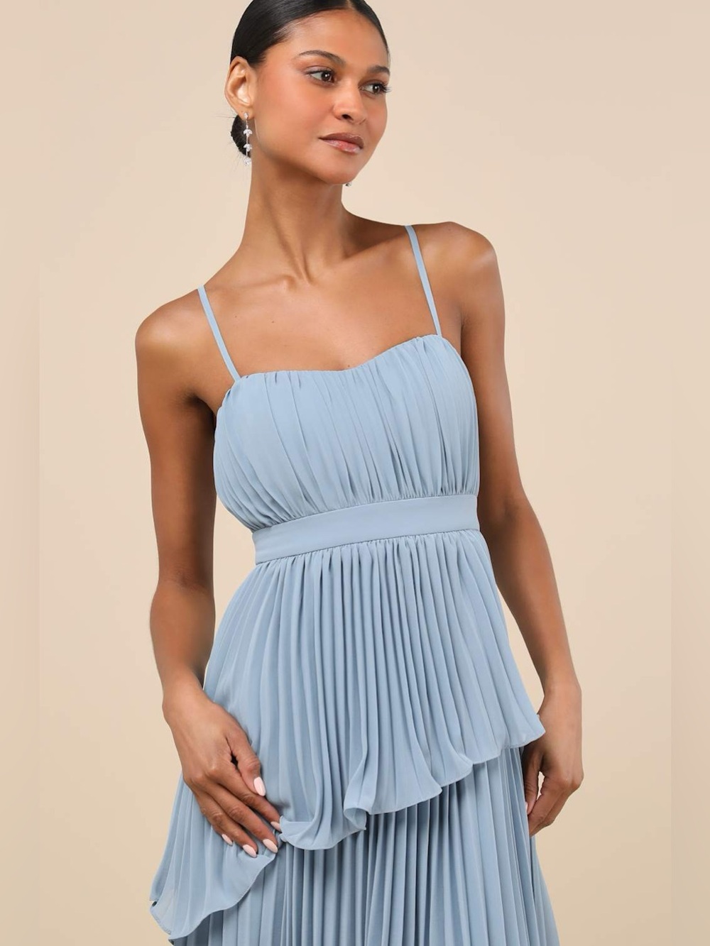 Lulus Jehona Dusty Blue Pleated Tiered Maxi Dress Size Medium Formal Wedding - Picture 2 of 9